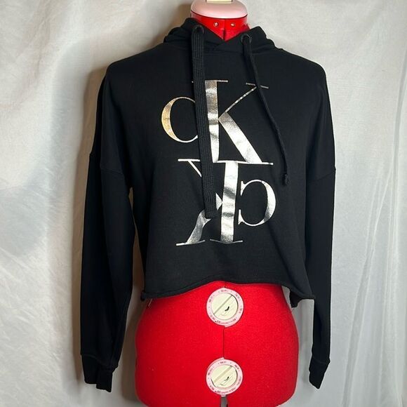 XS136 Calvin Klein logo crop hoodie with raw hem - Picture 1 of 8